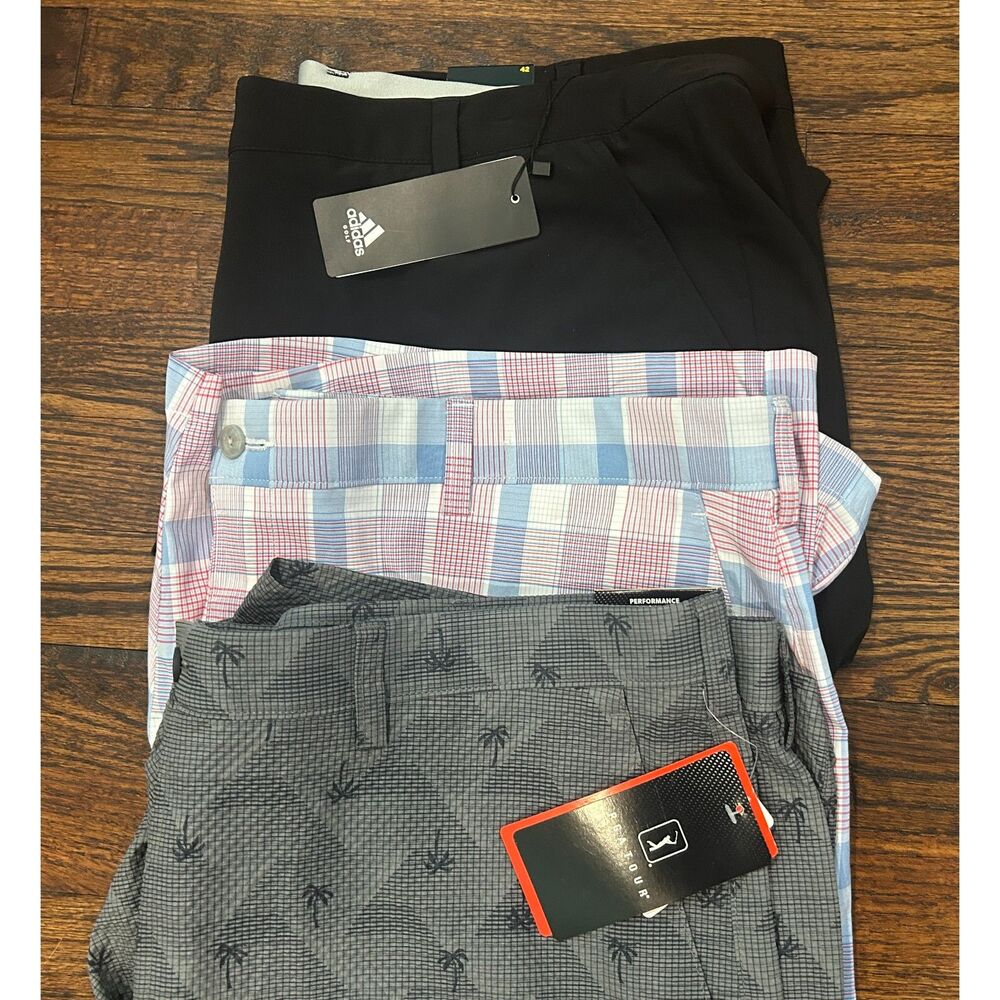Lot of 3 pair PGA Tour Adidas Golf Shorts Black gray Palm tree Plaid Men's 42